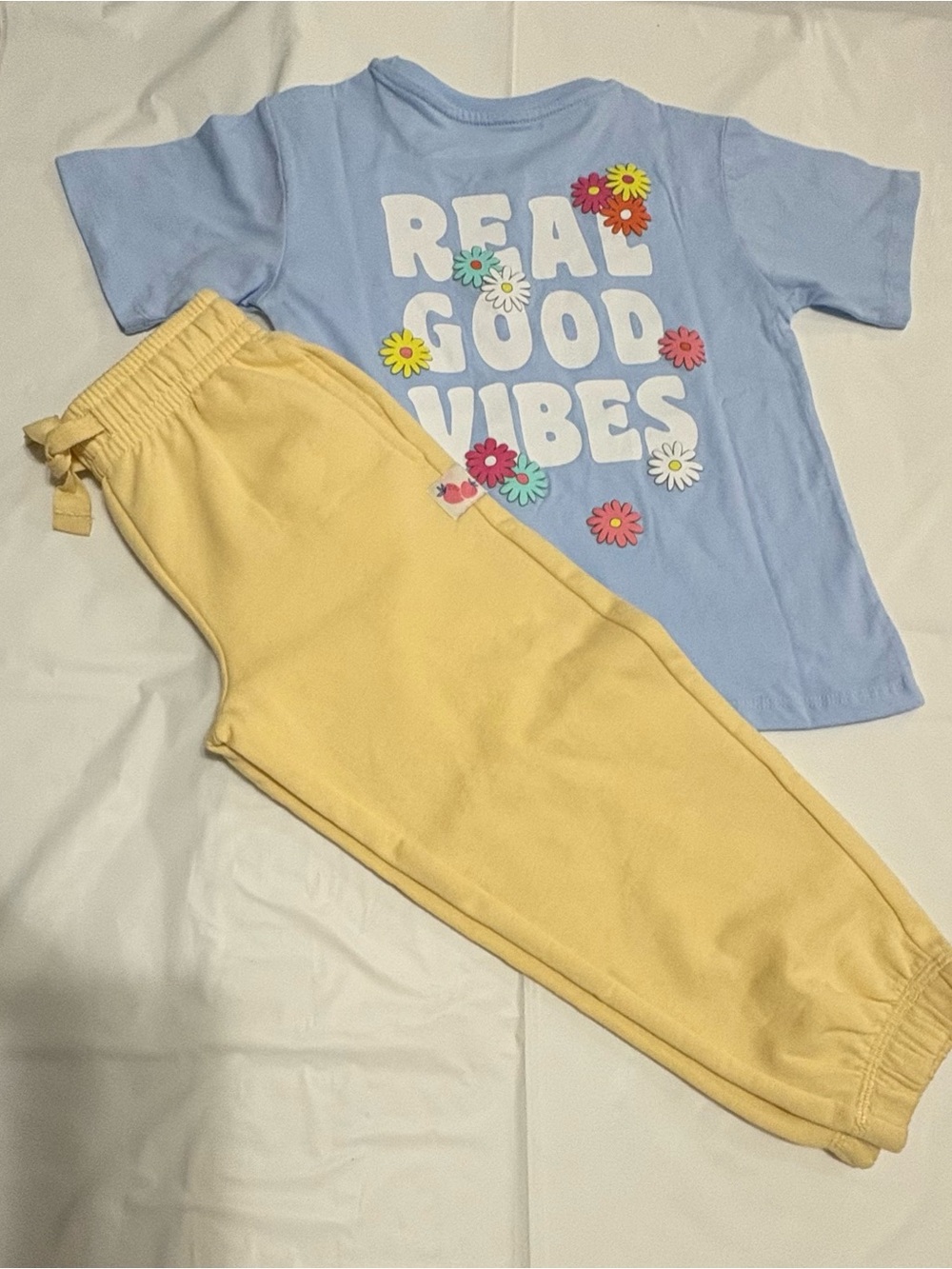 Kids 'Real Good Vibes' Blue Tee & Yellow Jogger Set